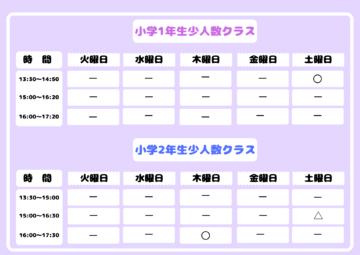小2クラス ・・・ 木曜日16時~17時20分、 土曜日15時~16時20分